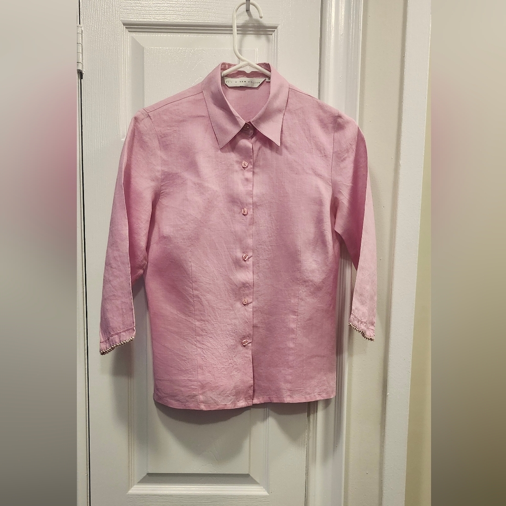 100% Linen Pink Button-Up Blouse  Size S